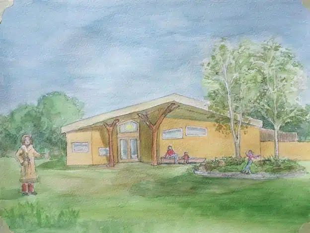 Watercolour of Proposed Waldorf Steiner School, County Clare, designed the building to follow both anthroposophical beliefs on architecture and sustainable building methods which will create a supportive environment for learning for many generations to come.